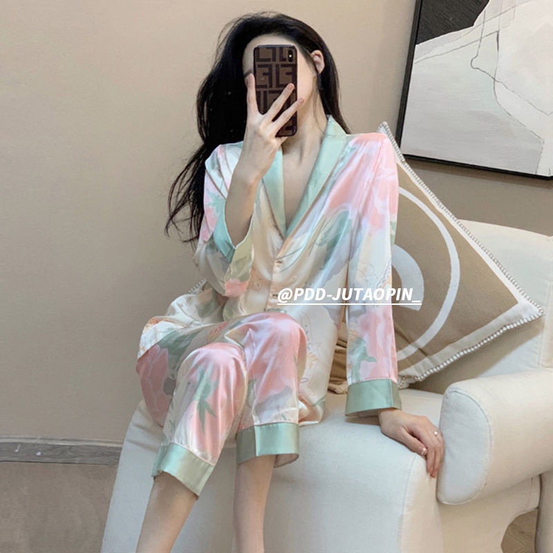 Bộ Đồ Ngủ Dài Tay Bằng Lụa Mát Cao Cấp Phong Cách Mới Dành Cho Nữ