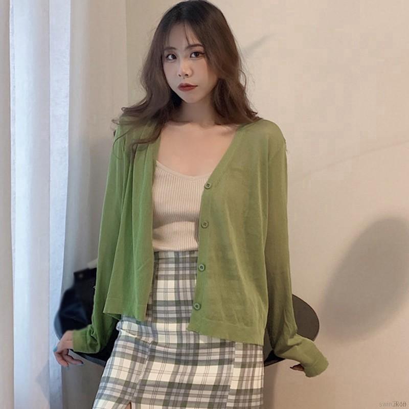 Áo khoác cardigan tay dài cổ chữ V đính nút đáng yêu cho nữ