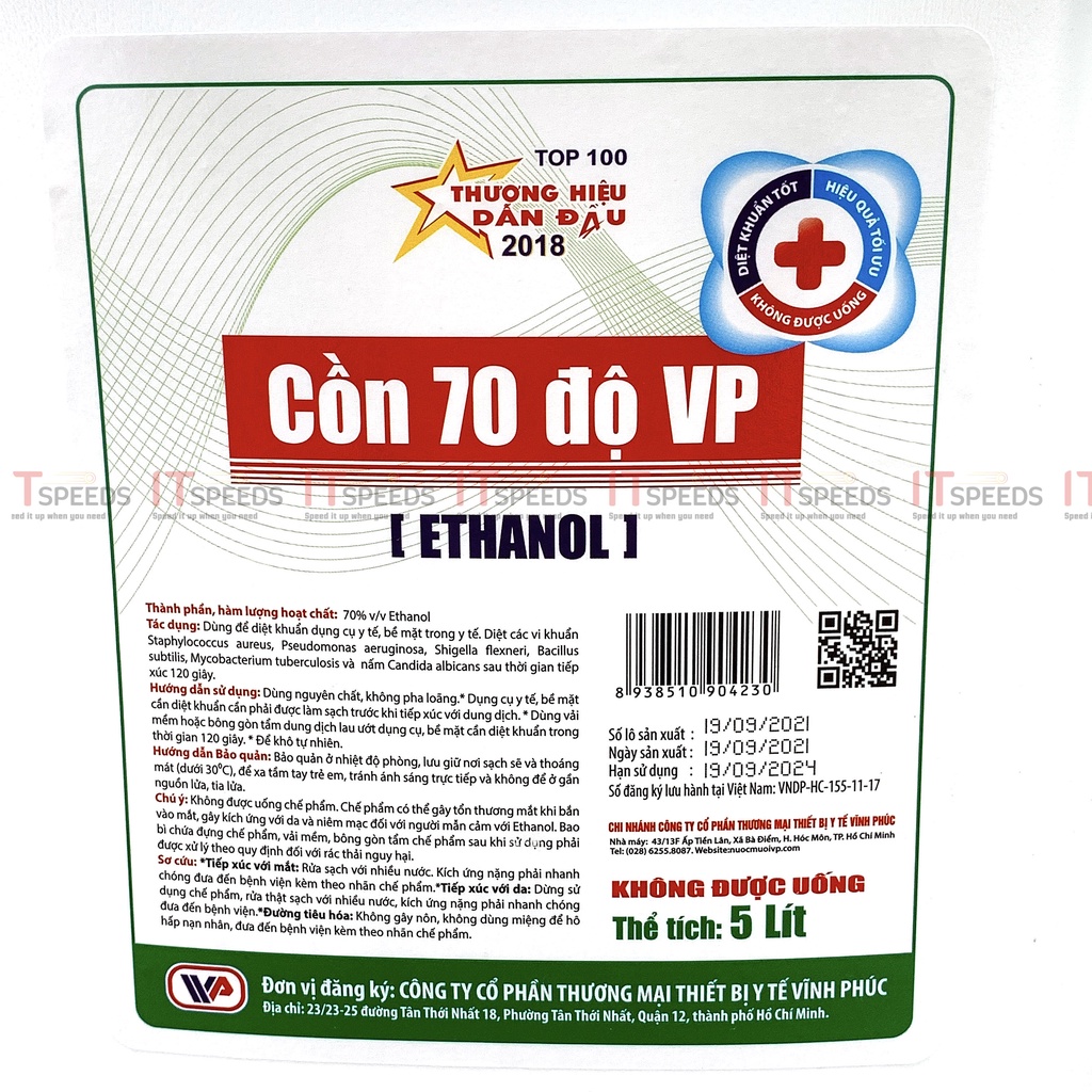 Cồn Vĩnh Phúc Can 5 Lít, Cồn Trắng 70 Độ, Ethanol Chuẩn Y tế, Sát Trùng Ngoài Da, Sát Trùng Dụng Cụ