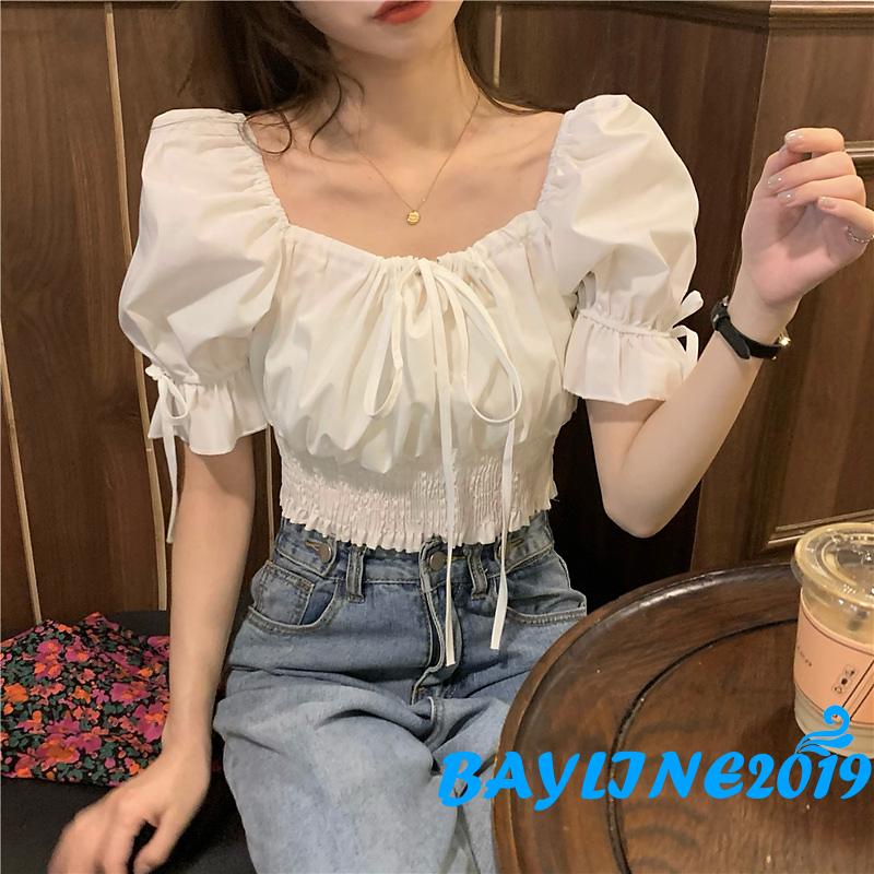 Áo Croptop Tay Phồng Ngắn Màu Trơn Có Dây Rút Thời Trang Cho Nữ