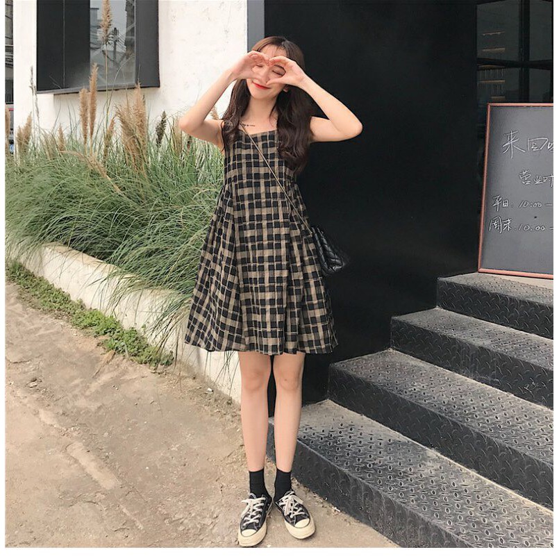 VÁY BABYDOLL HAI DÂY HỌA TIẾT KẺ CARO CỰC XINH