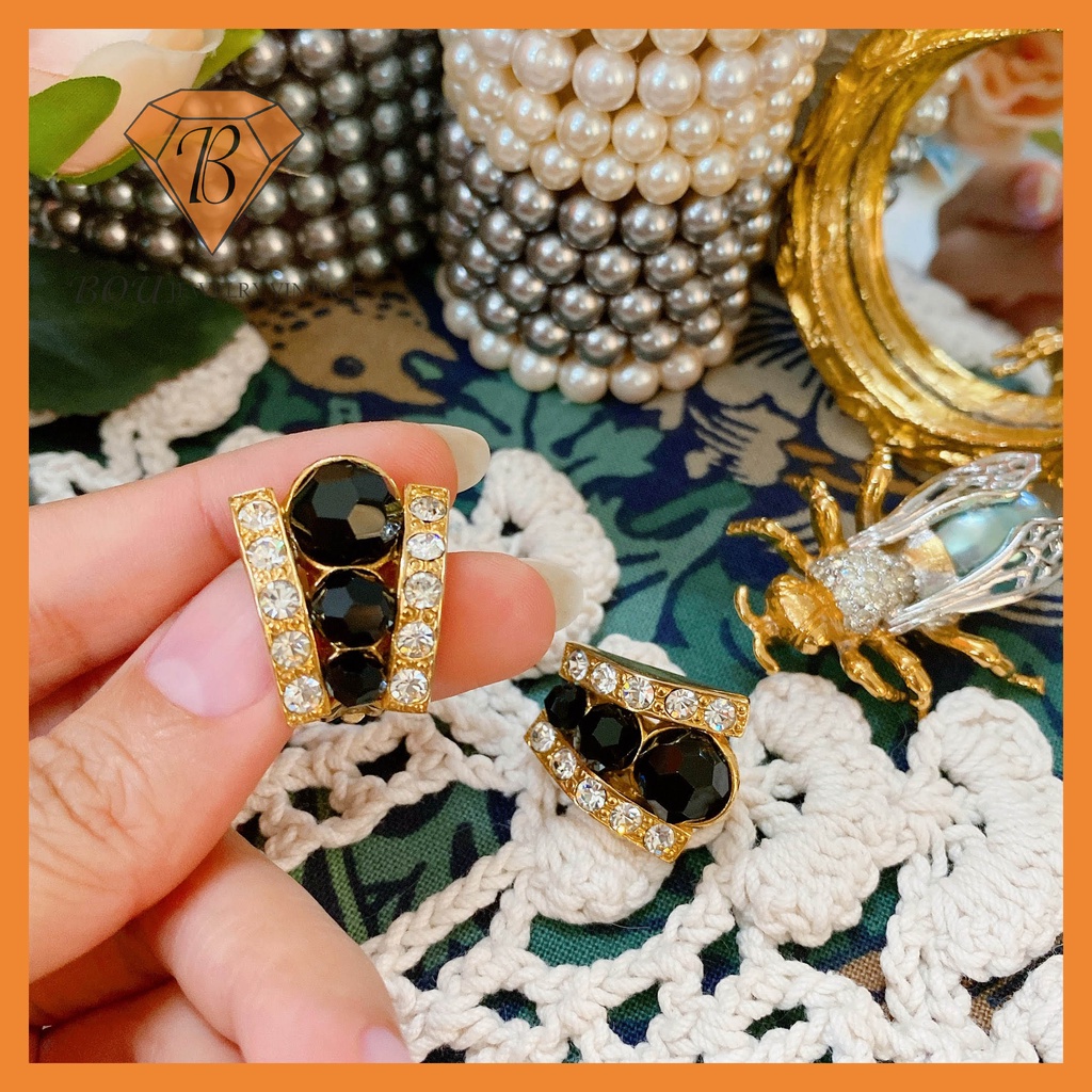 BÔNG TAI ĐÍNH ĐÁ SECONDHAND TRANG SỨC SI NHẬT BẢN BOU JEWELRY VINTAGE MÃ BT085