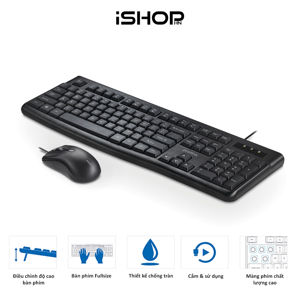 Bộ bàn phím chuột có dây Prolink PCCM2003 Fullsize, chống thấm nước, 12 phím truy cập nhanh, giá siêu rẻ