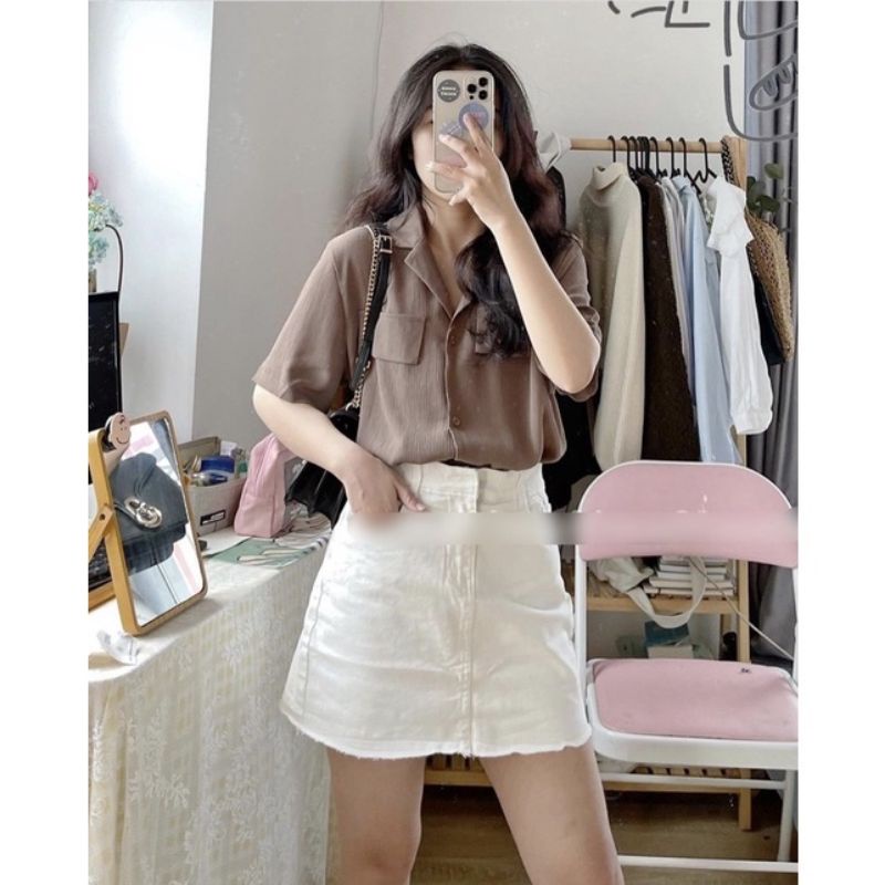 Áo sơ mi cổ vest cộc tay nữ - áo sơ mi công sở chất vải gân hàng quảng châu-2630