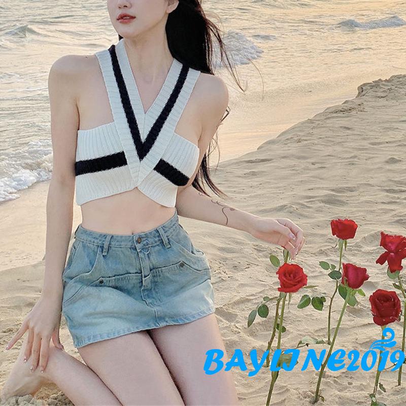 Áo Croptop Dệt Kim Sát Nách Cổ Chữ V Màu Sắc Tương Phản Thời Trang Mùa Hè Cho Nữ