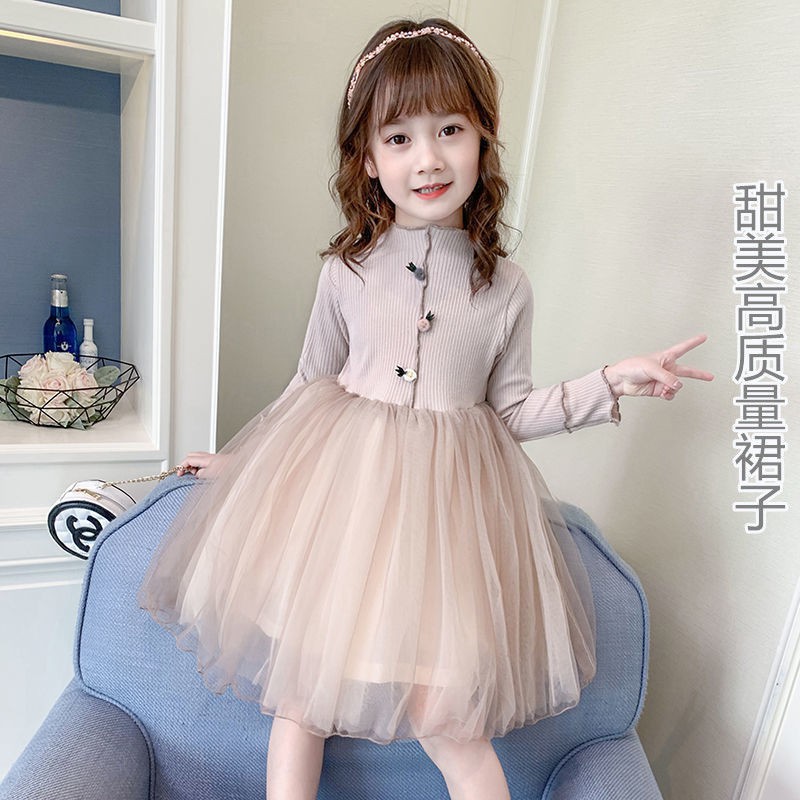 Váy búp bê trẻ em liền phong cách tây xuân thu 2021 công chúa lưới bé gái phồng dài tay Hàn Quốc sành điệu