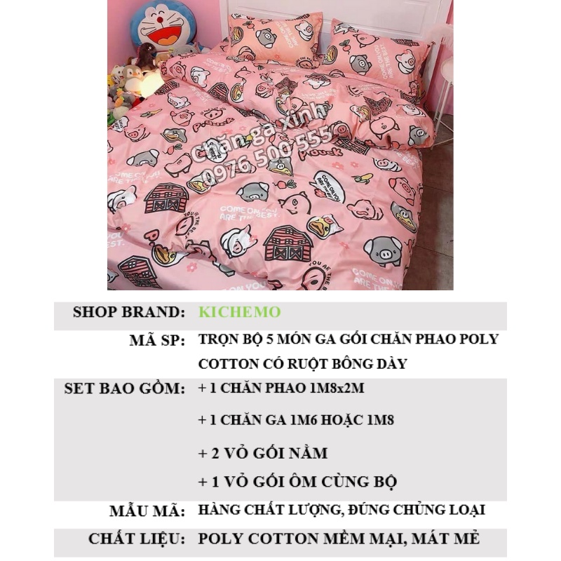 Trọn Bộ 5 Món Ga Gối Chăn Phao Poly Cotton Kichemo Có Ruột Bông Dày Loại 1 ( Nhắn Chọn Mẫu )