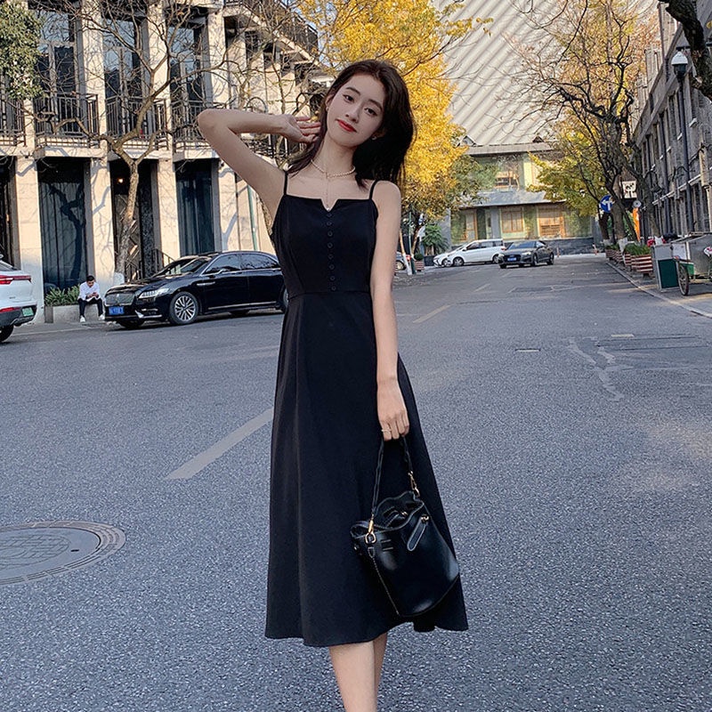Đầm Hai Dây Màu Đen Phong Cách Hàn Quốc Cổ Điển Thời Trang Cho Nữ