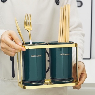 Bộ ống đũa sứ xanh cổ vịt khug mạ vàng