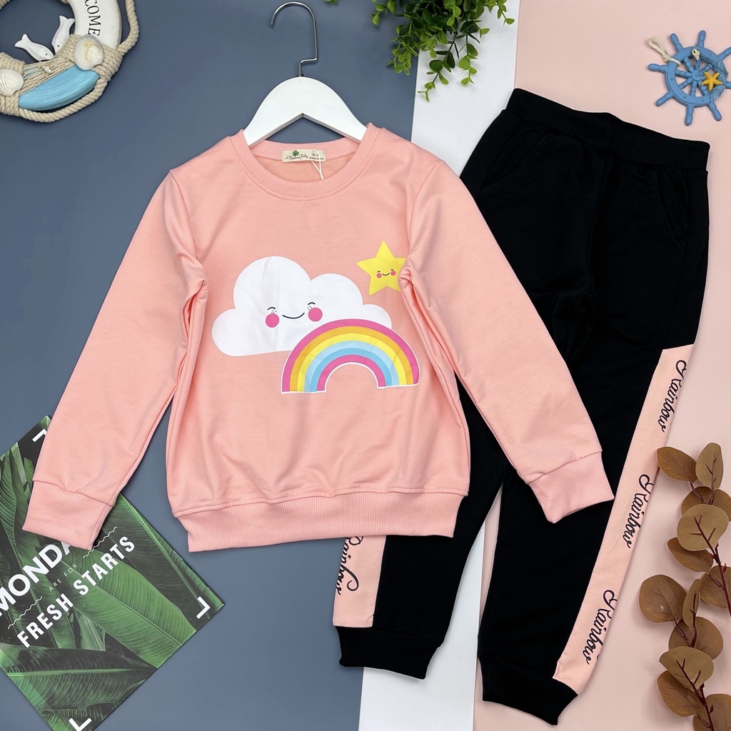 Bộ quần áo nỉ bé gái LITIBABY, hình cầu vồng, size 9/14T, chất nỉ bền đẹp