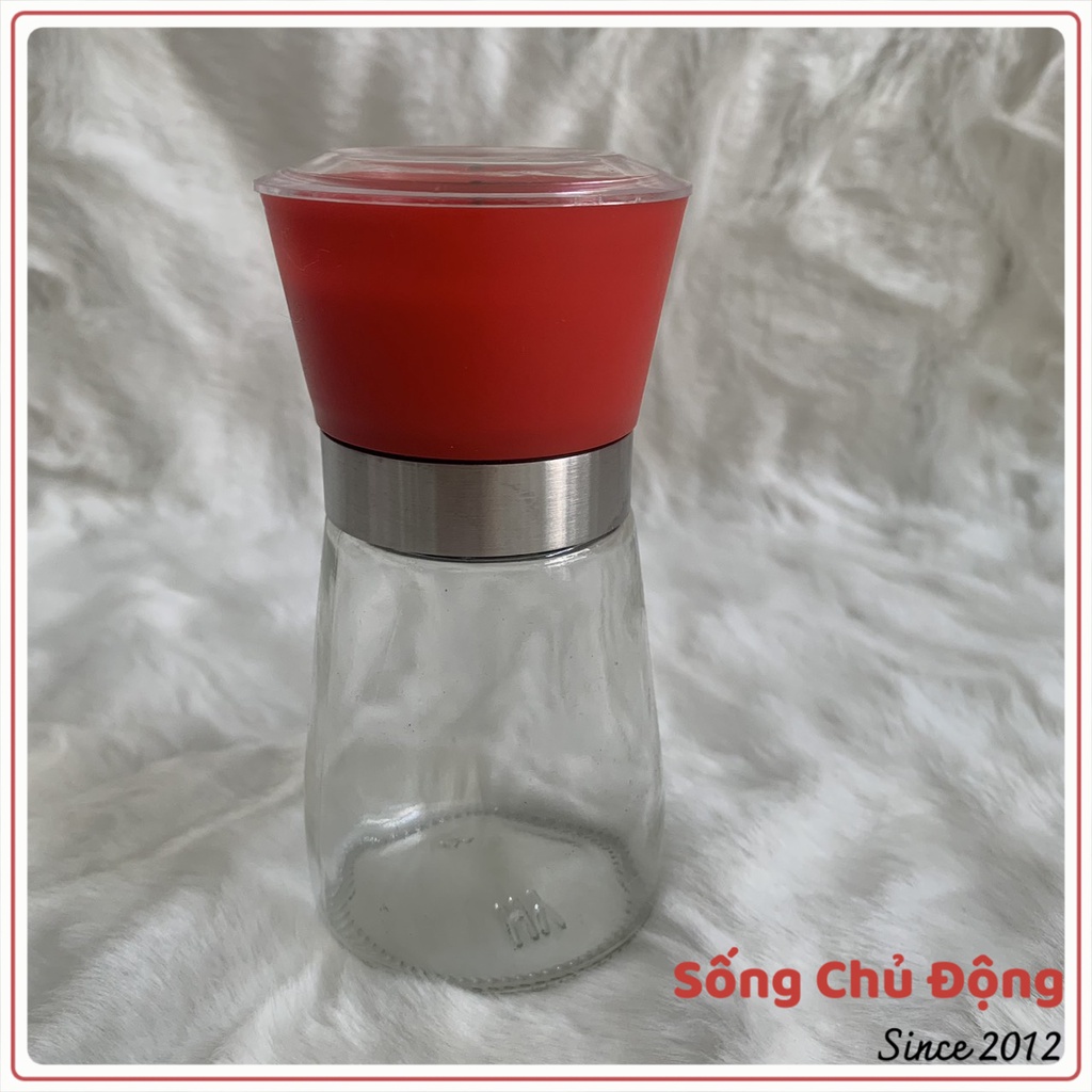 Cối xay tiêu thủy tinh gia đình, nhiều màu, giá rẻ. Xay mịn, đơn giản, tiện dụng