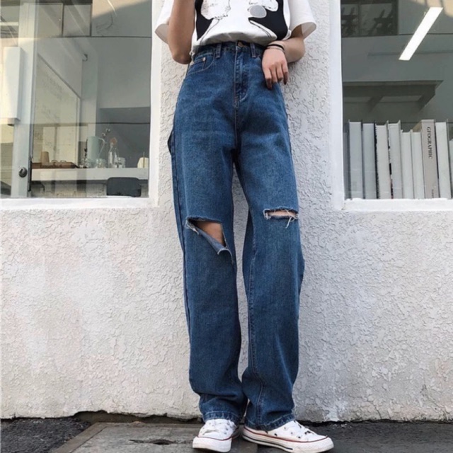 QUẦN JEANS SUÔNG RÁCH GỐI