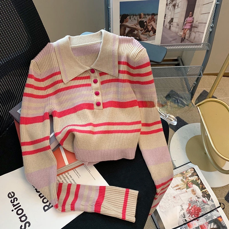 Áo sweater Dệt Kim Kẻ Sọc Màu Tương Phản Phong Cách Phương Tây Thời Trang Mùa Thu Cho Nữ