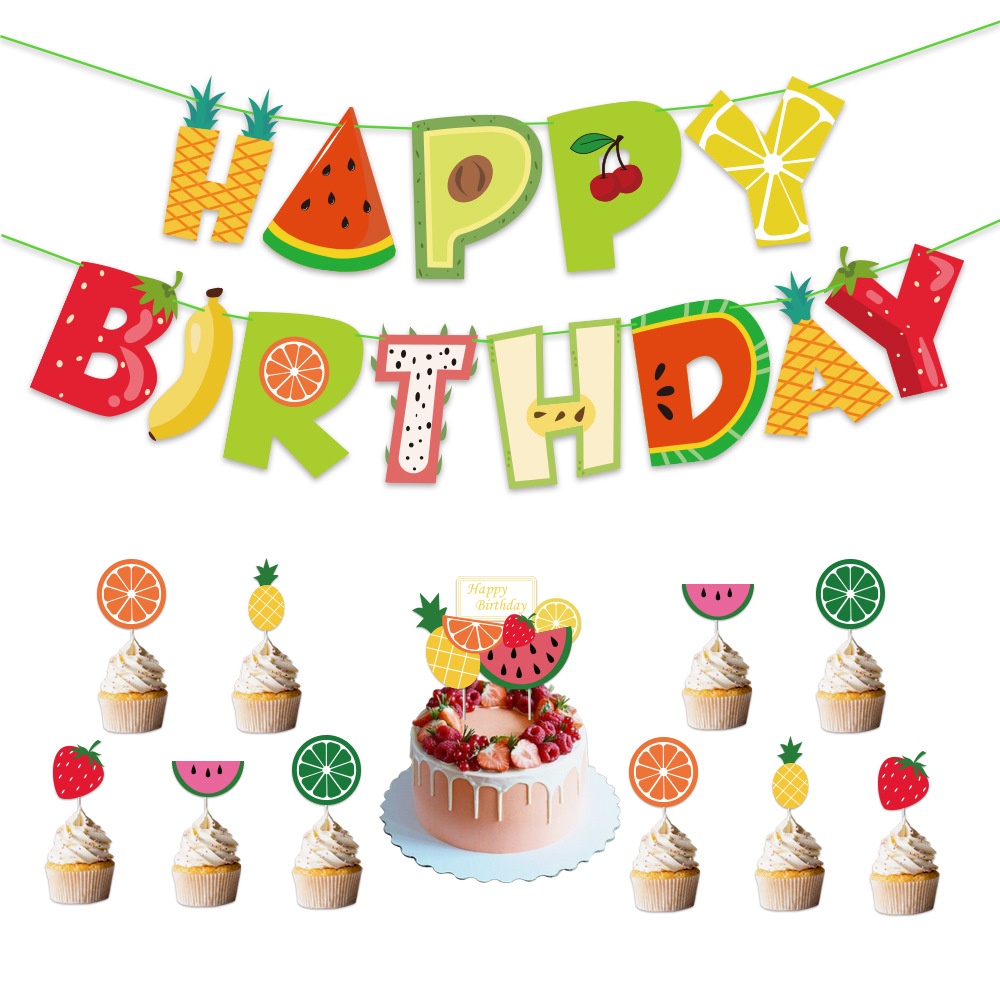 Bộ phụ kiện trang trí bánh kem chủ đề trái cây mùa hè cho bé 1st 2nd 3rd Happy Birthday