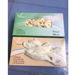 Hộp 100 cái Găng tay y tế latex Không Bột Màu Kem_Vglove Khải Hoàn Size S,M,L Đạt Tiêu Chuẩn Bộ Y Tế Quy Định