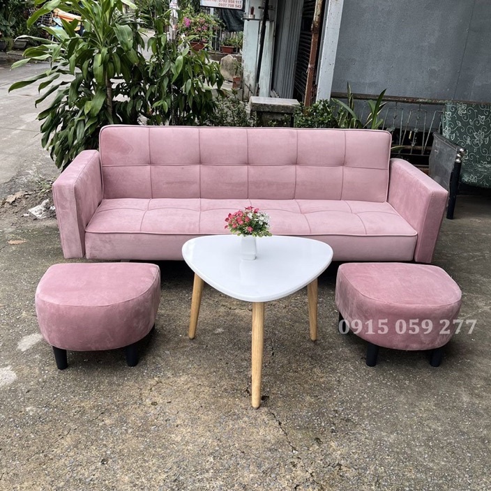Bộ sofa Bed có tay màu hồng chất vải nhung mã 190*96*36cm cao cấp