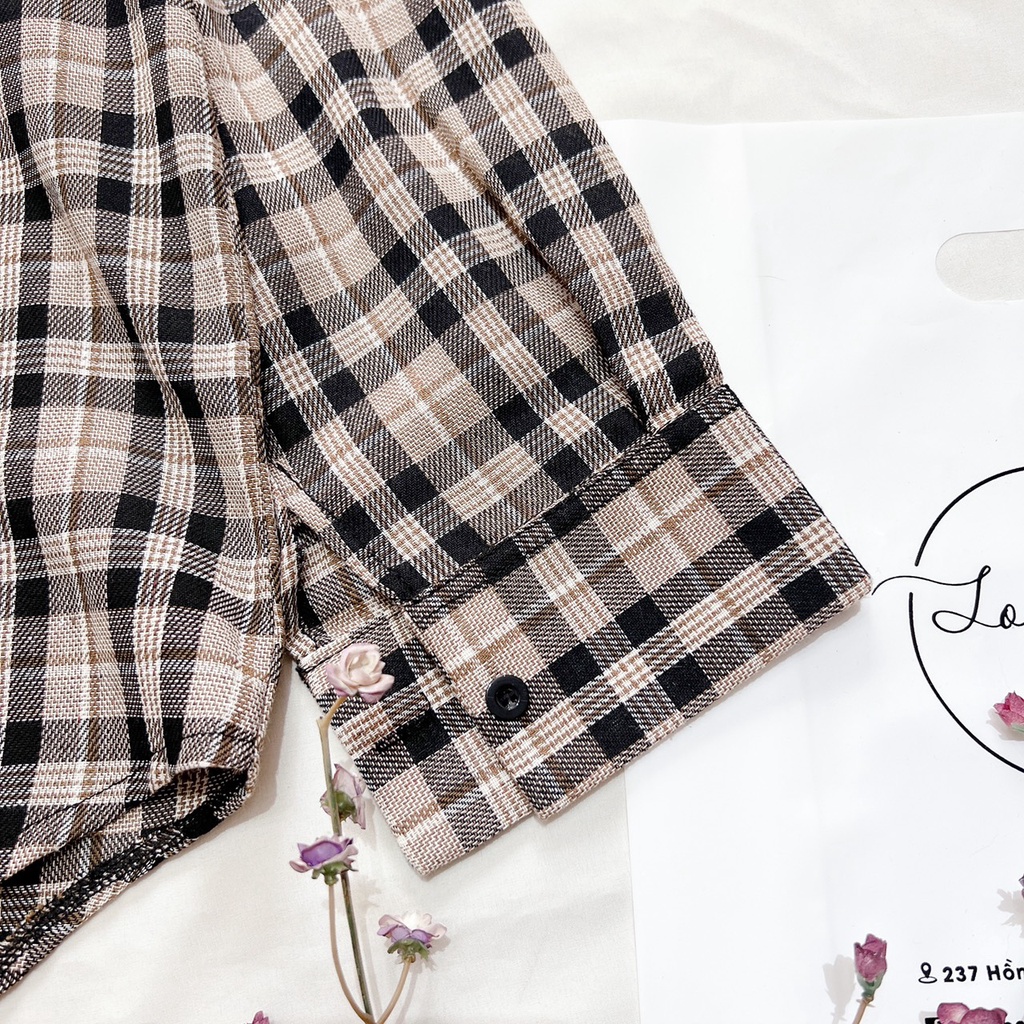 LOVI SHOP- Áo sơ mi caro 2 túi nắp kẻ màu nâu phong cách vintage