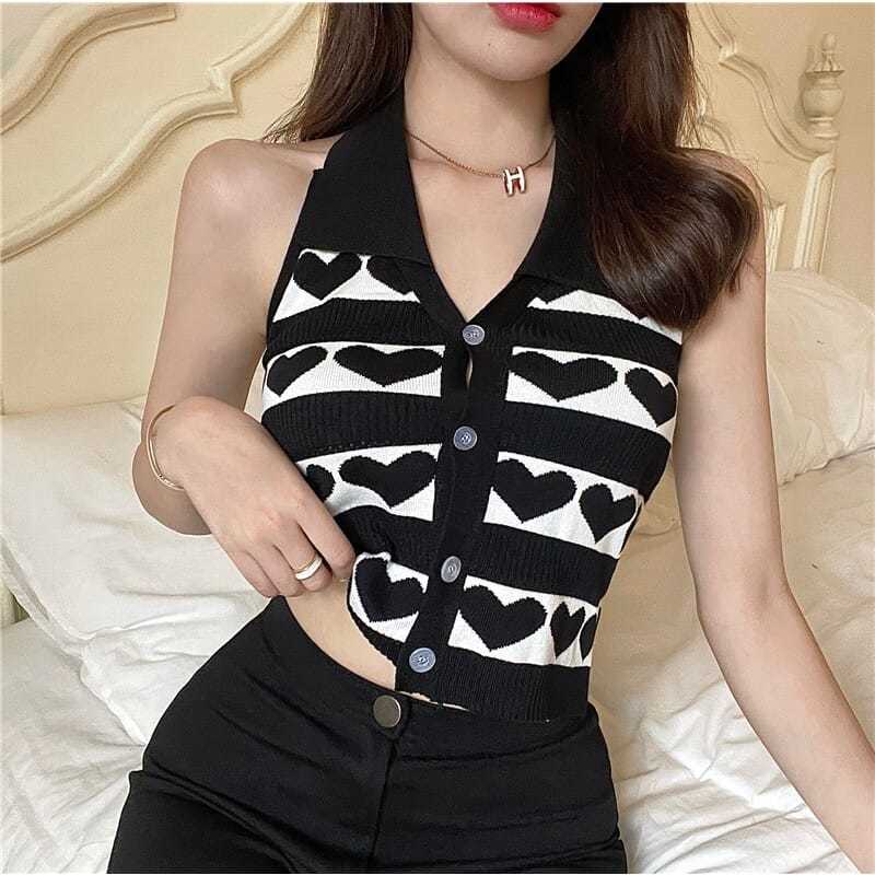 Áo Hai Dây Dệt Kim Ôm Dáng Phối Hàng Nút Phong Cách Hàn Quốc