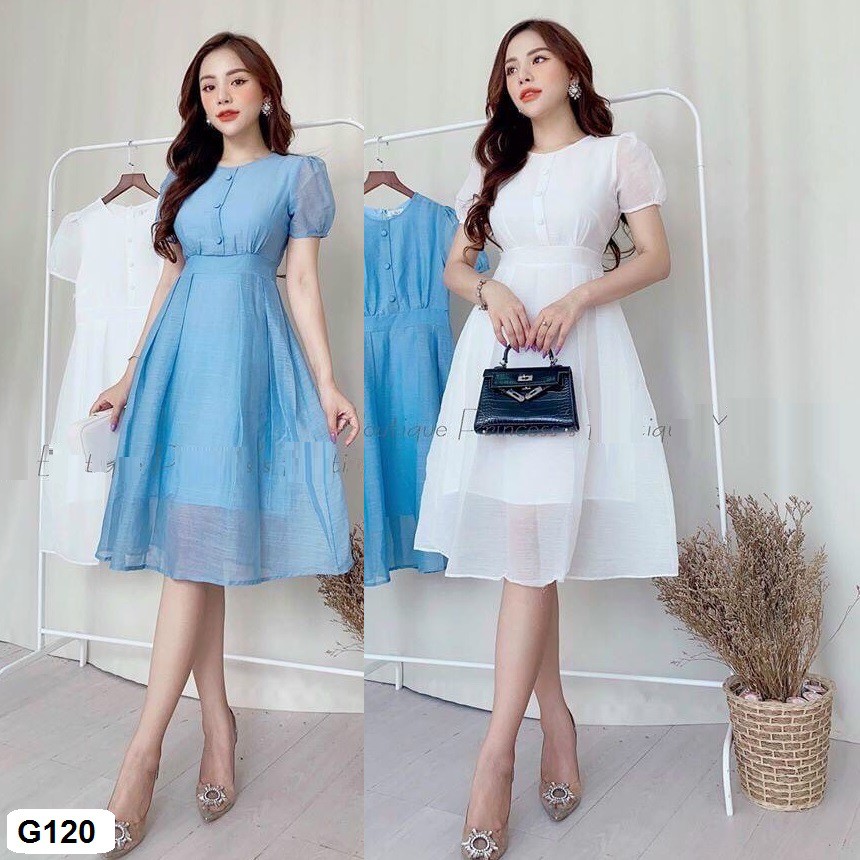 Đầm tay con đính nút chất VOAN LỤA cao cấp dự tiệc đi làm đi chơi tùng xòe nhẹ thời trang nữ AKARA