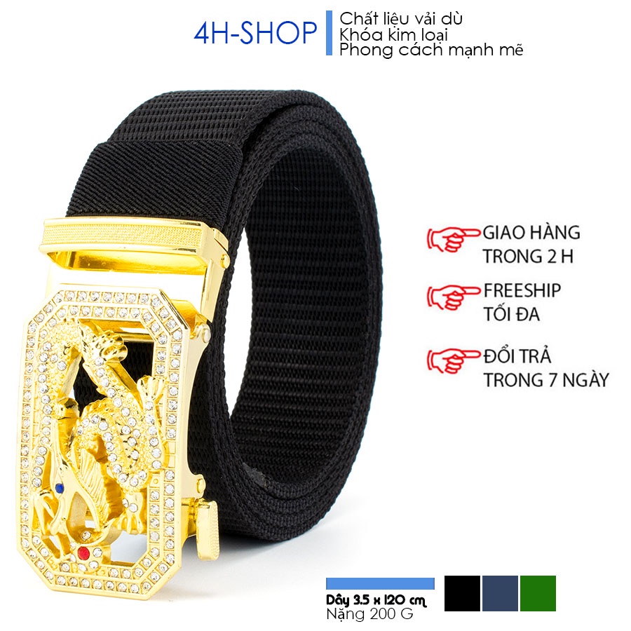 Thắt lưng nam vải dù , khóa kim loại mạ vàng hình rồng thần nhả châu chỉnh dây tự động 4 x 8 cm dây 3.5 x 120 cm.