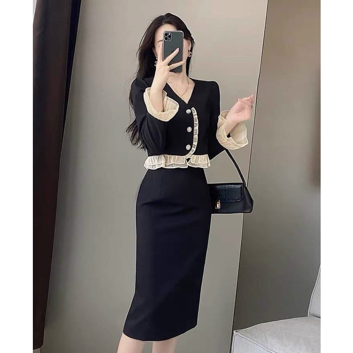 Sét Bộ Đồ Nữ Áo Dài Tay Phối Viền Bèo Voan Cài Nút Thật & Chân Váy Dài Thiết Kế Sang Chảnh Đi Làm Công Sở, Dạ Hội