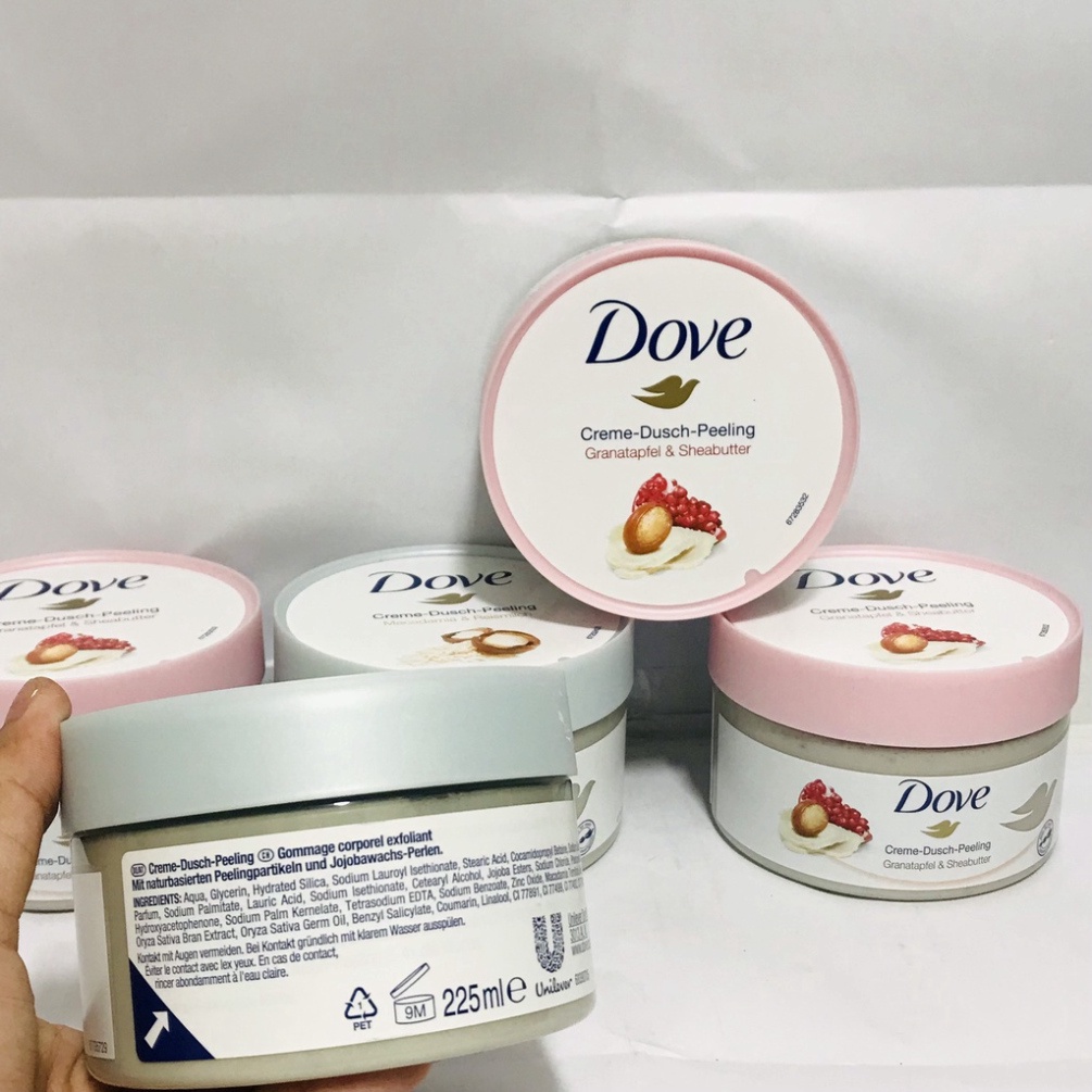 Tẩy da chết body DOVE Mỹ, Đức Macca Lựu đỏ giúp da mịn màng chiết xuất từ thiên nhiên 225G