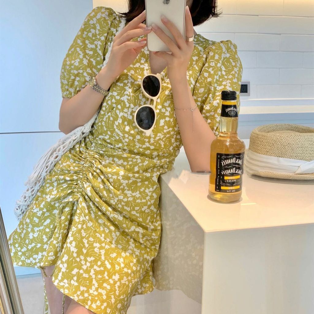 Đầm Hoa Đuôi Cá Cổ Chữ v Dáng Ôm Phối Dây Rút Xếp Ly Thời Trang Mùa Xuân Hàn Quốc Mới