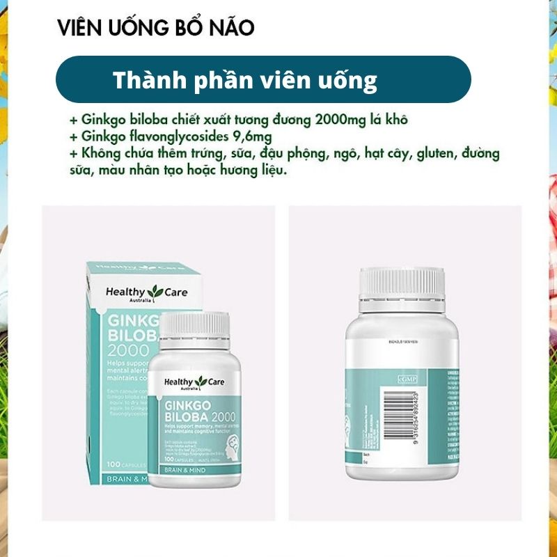 Bổ não Ginkgo Biloba 2000, viên uống bổ não, tuần hoàn máu não, 100 viên