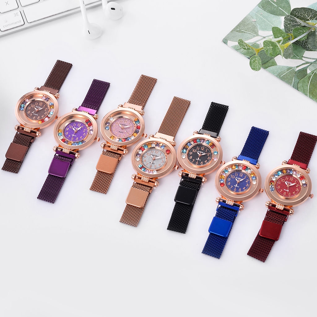 Đồng Hồ Nữ Dây Da Mặt Tròn Đính Đá Thời Trang Xinh Xắn