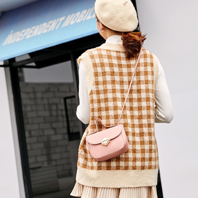 Túi xách Mini hình chữ nhật có khoá phong cách Retro màu hồng dễ thương