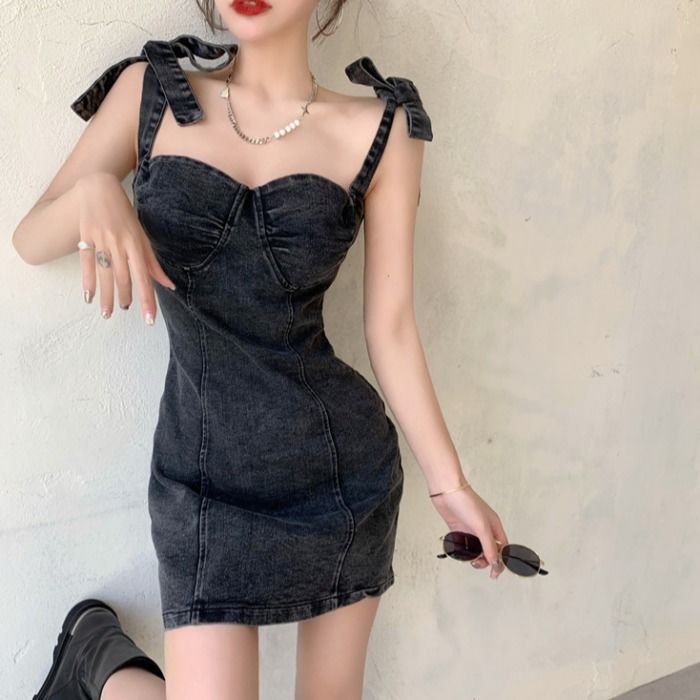 Jiashucheng Váy Denim Ôm Hông Thắt Nơ Phong Cách Retro Jiashucheng Mới