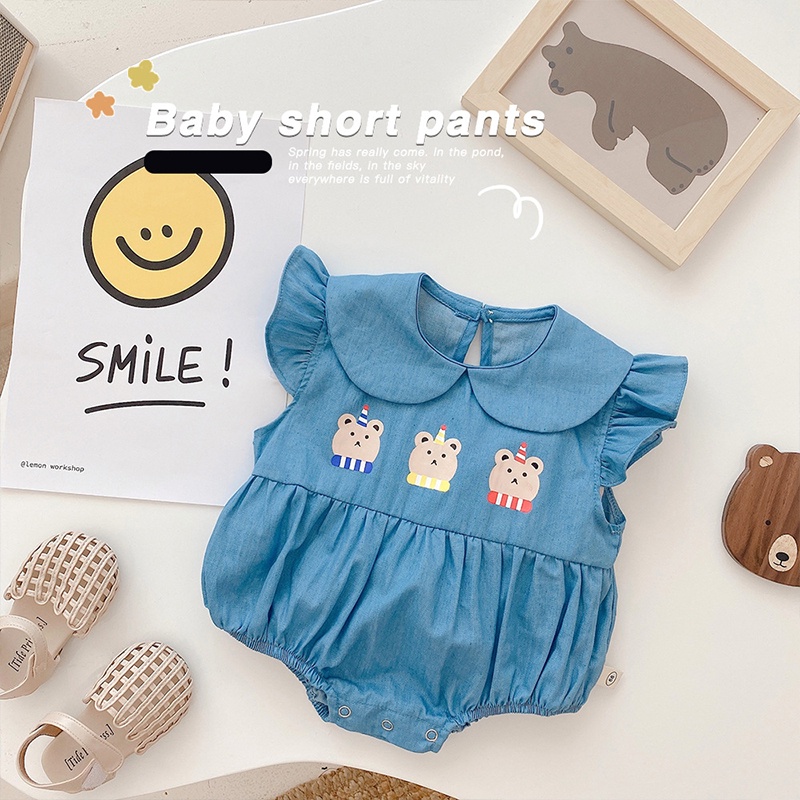 Bộ Áo Liền Quần In Hoạt Hình Phối Ren Thời Trang Mùa Hè Cho Bé Gái Sơ Sinh