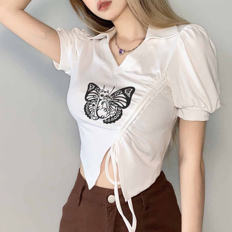Áo Thun Dây Rút Cổ V Ngắn Tay In Hình Bướm Thời Trang Nữ Sành Điệu