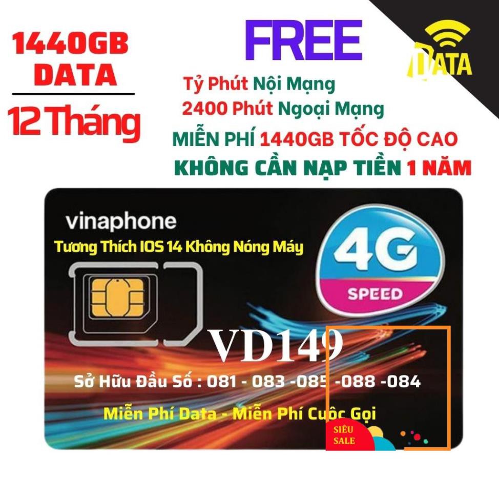 SIM4G VD149 Vinaphone ( Miễn phí Gọi + Vào Mạng 1 Năm Tốc Độ Cao )Có Video kèm test Tốc Độ,Bảo Hành 12 Tháng