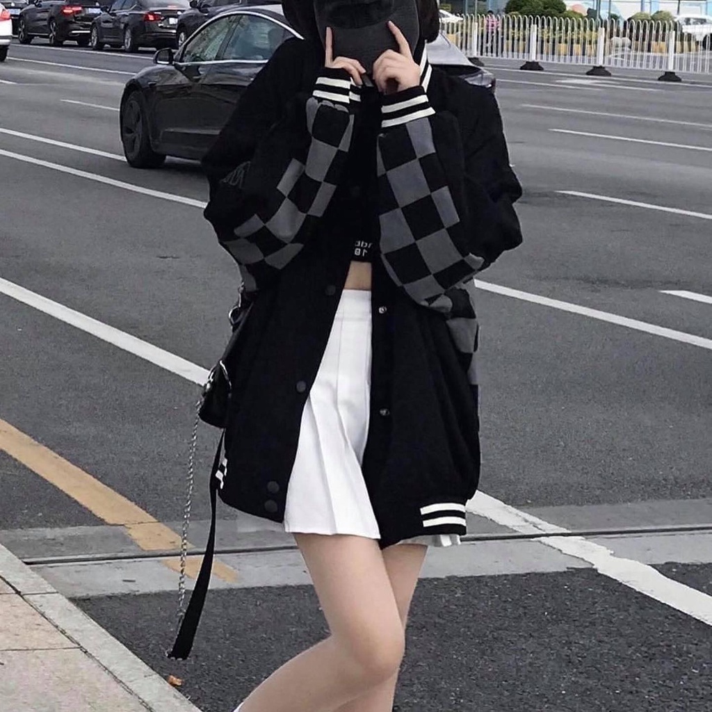 Áo khoác bomber nỉ dạ CARO ĐEN 🏁 Nam nữ unisex 🏁 JEJUL