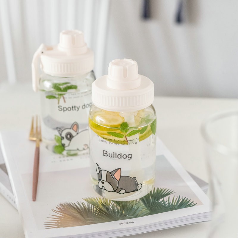 Bình thủy tinh in hình các chú chó cute HOT HIT có ống hút tiện dụng 450ml