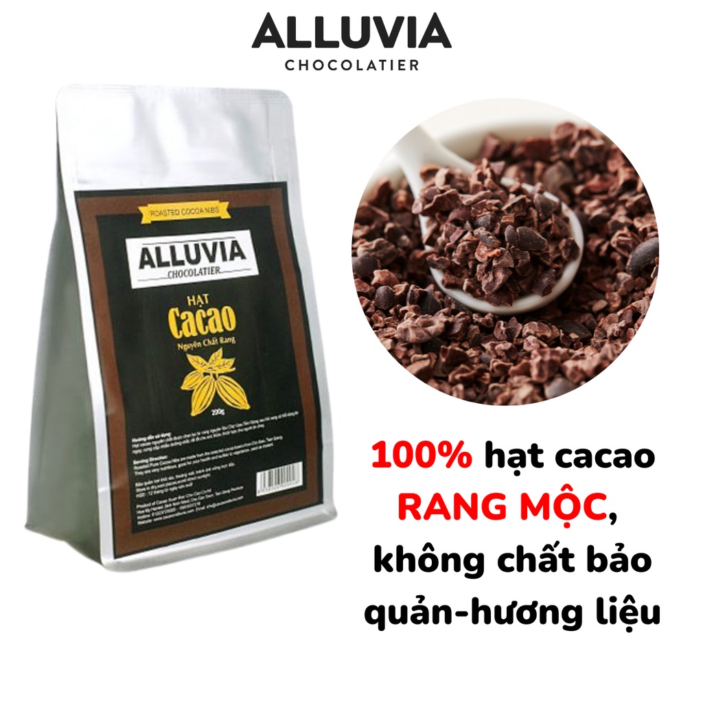 Hạt cacao Nibs rang nguyên chất 100% không đường không chất bảo quản Alluvia Chocolate túi 200 gram