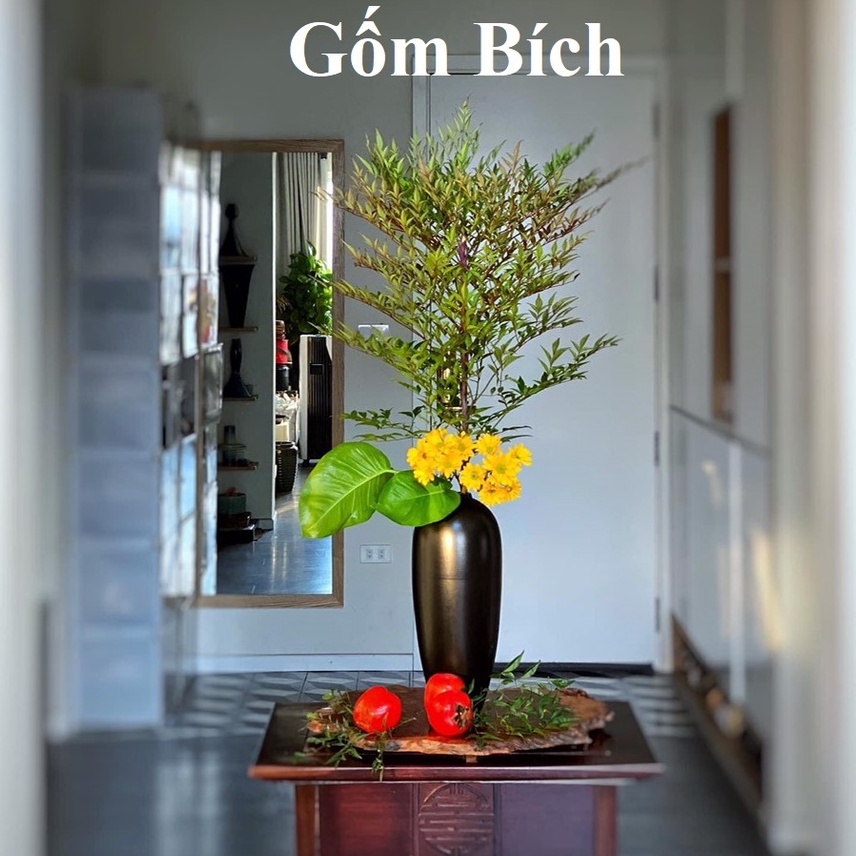 Bình Hoa Cổ Nhỏ Dáng Bình Bom Đen Men Mát Gốm Sứ Bát Tràng - Lọ Hoa Decor