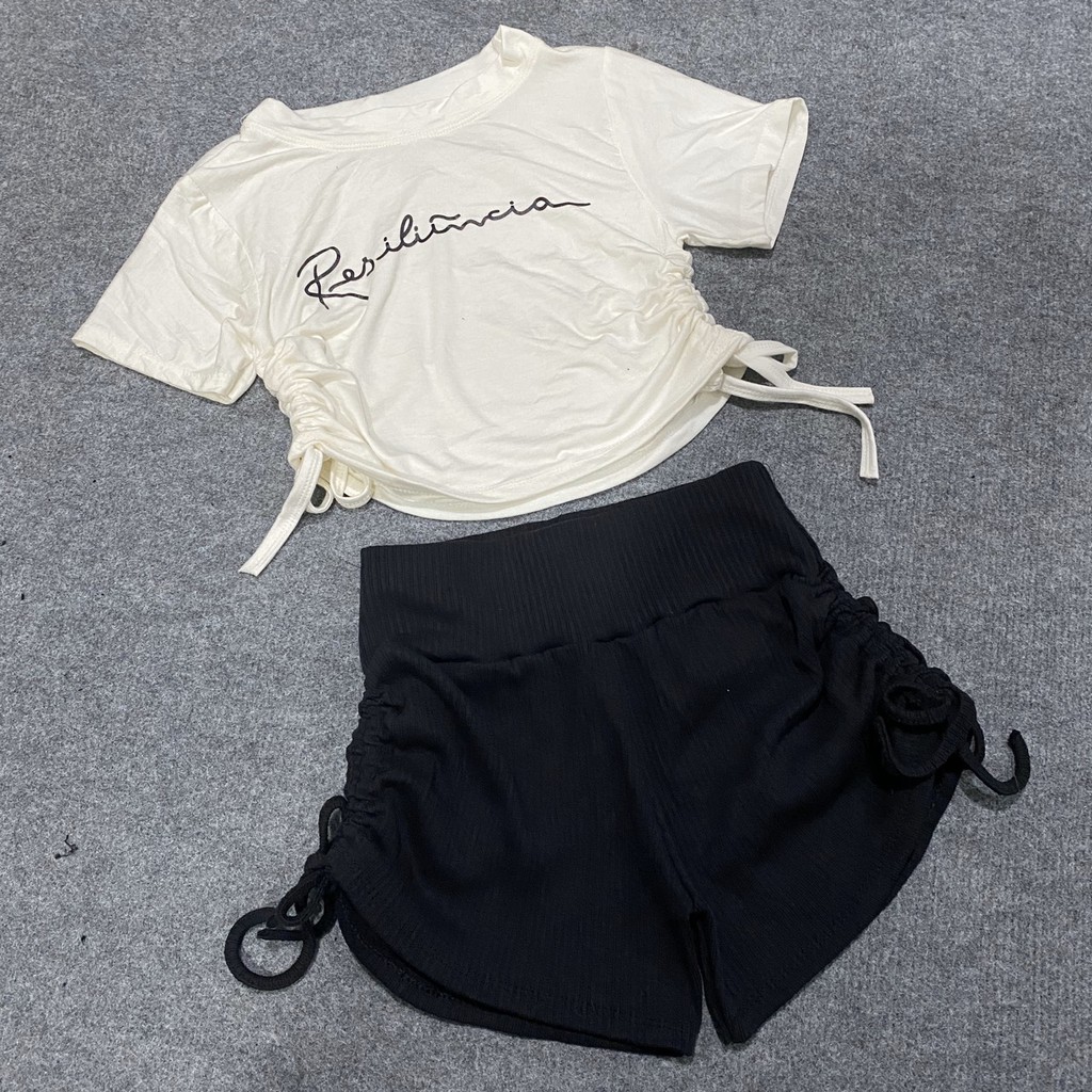 Set đồ năng động- Set áo thun rút dây 2 bên Res quần đùi rút dây tập Gym