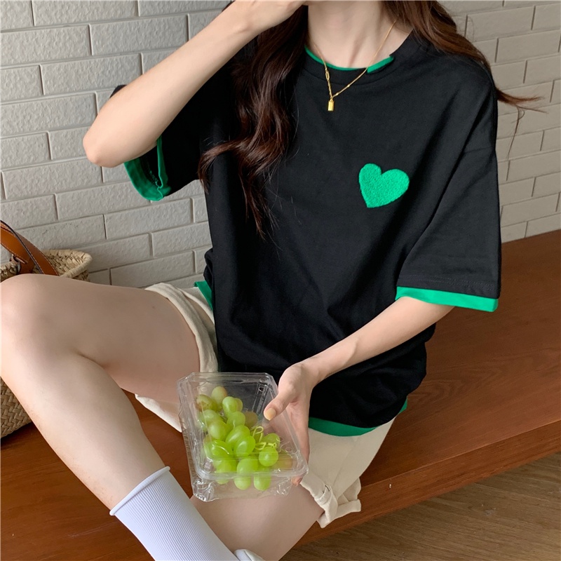 SUXI Summer Embroidery Simple Stitching All-match Street Style Round Neck Loose Casual Short Sleeve T-shirt Women