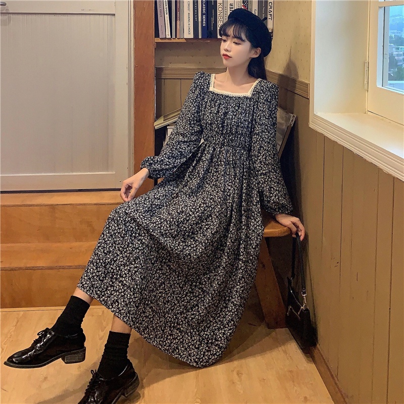 Đầm họa tiết hoa dáng dài phong cách Hàn Quốc thời trang mùa thu cho nữ
