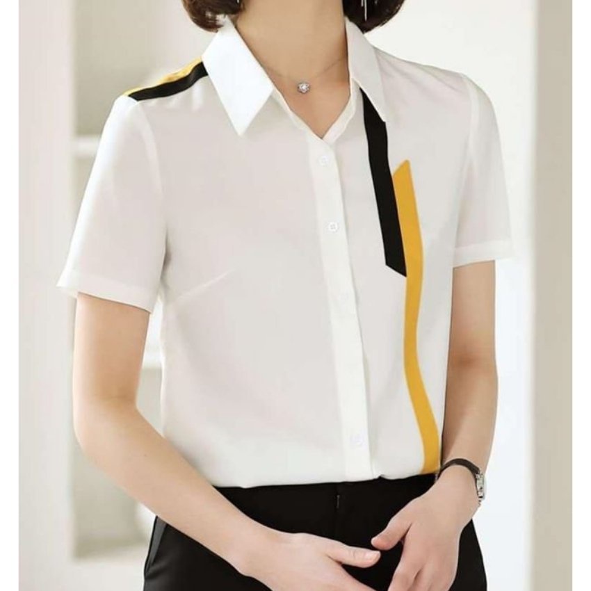 Áo Sơ Mi Nữ Tay Ngắn Phối Viền Ghép VG02 Thời Trang ERINA Chất Kate Mềm Mịn,Thoáng Mát