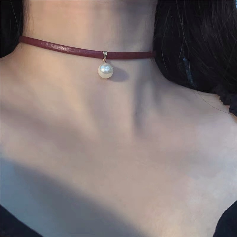 Vòng Cổ Choker Dây Da Đính Hạt Ngọc Trai Phong Cách Hàn Quốc Dành Cho Nữ