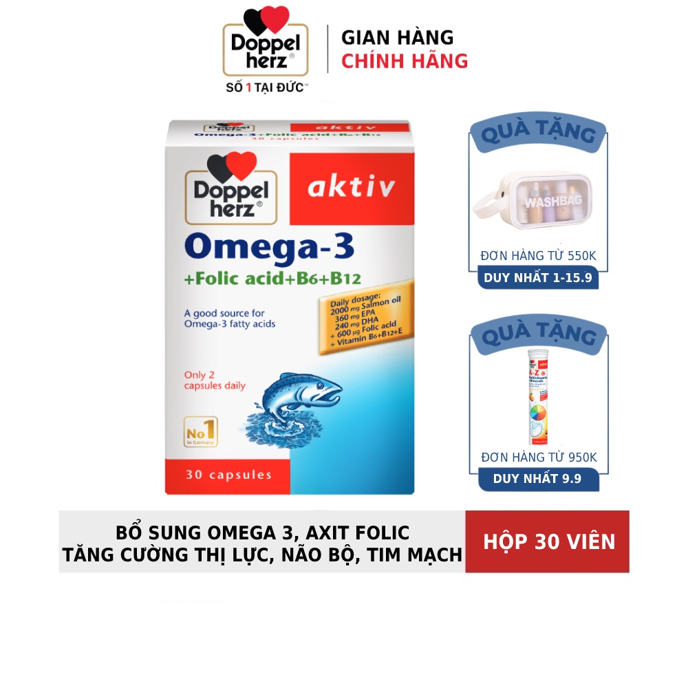 Viên uống tăng cường thị lực, tim mạch và não bộ Doppelherz Omega 3 + Folic acid + B6 + B12 (Hộp 30v)
