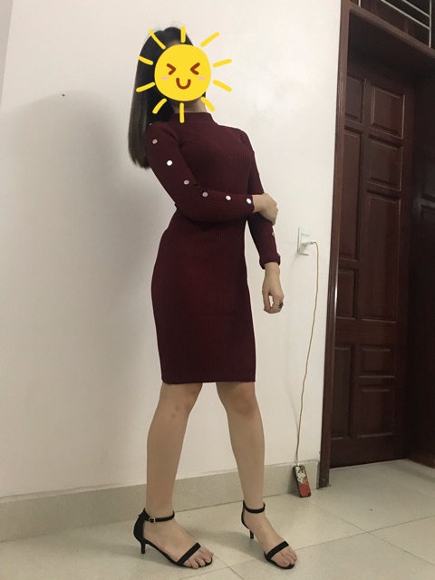 Đầm (váy) len tăm body phối cúc 2 bên tay