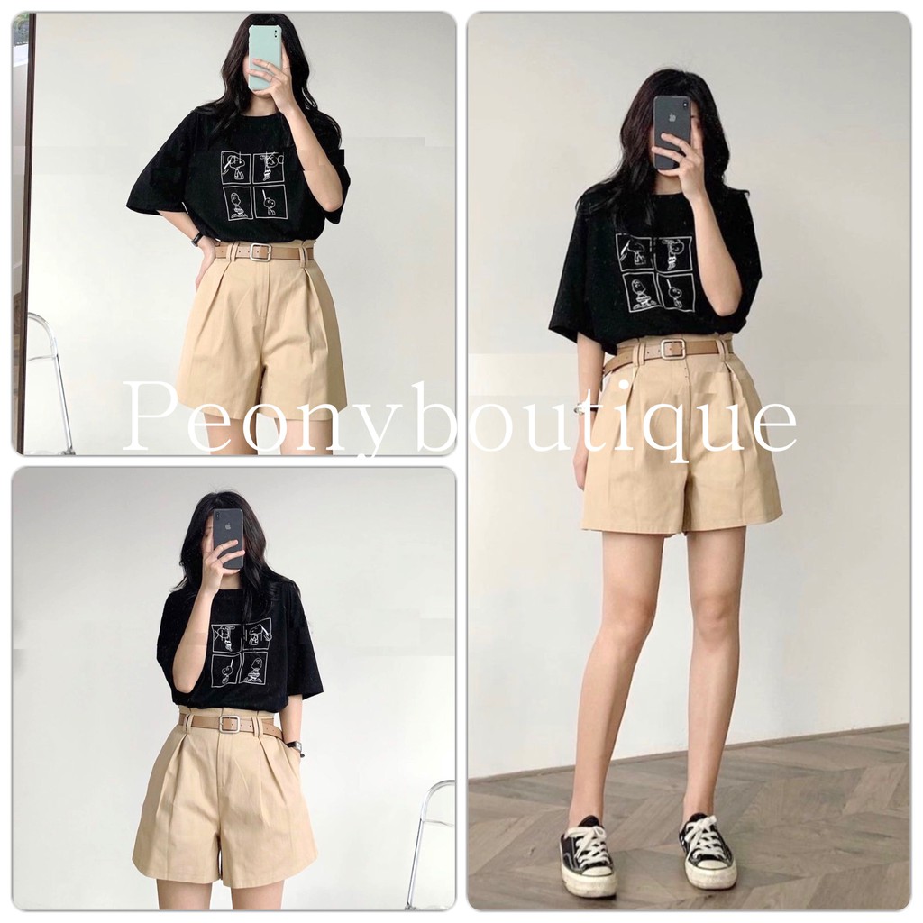 Set Short Ống Rộng Kẻ Ô Snoopy PEONYB Nữ [FREESHIP] 🌸 Bộ áo in hình chó cute, quần sooc oversize màu BE | ĐEN Ulzzang 🌸 | BigBuy360 - bigbuy360.vn