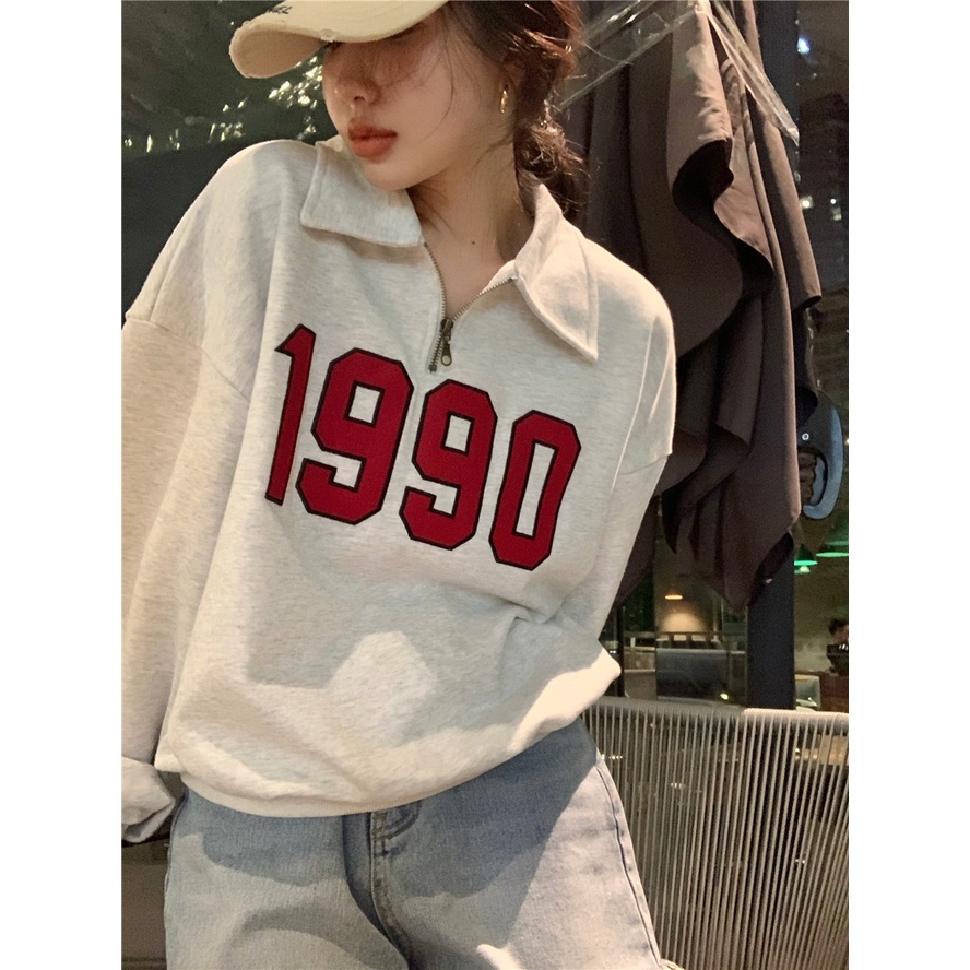 Porozi  Áo sweater tay dài cổ bẻ in họa tiết phong cách Hàn Quốc thời trang dành cho nữ