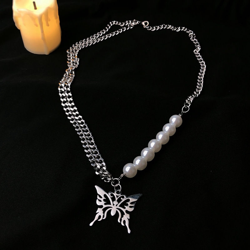 Dây Chuyền Nhiều Lớp Mặt Hình Bướm Đính Ngọc Trai Phong Cách Hip Hop