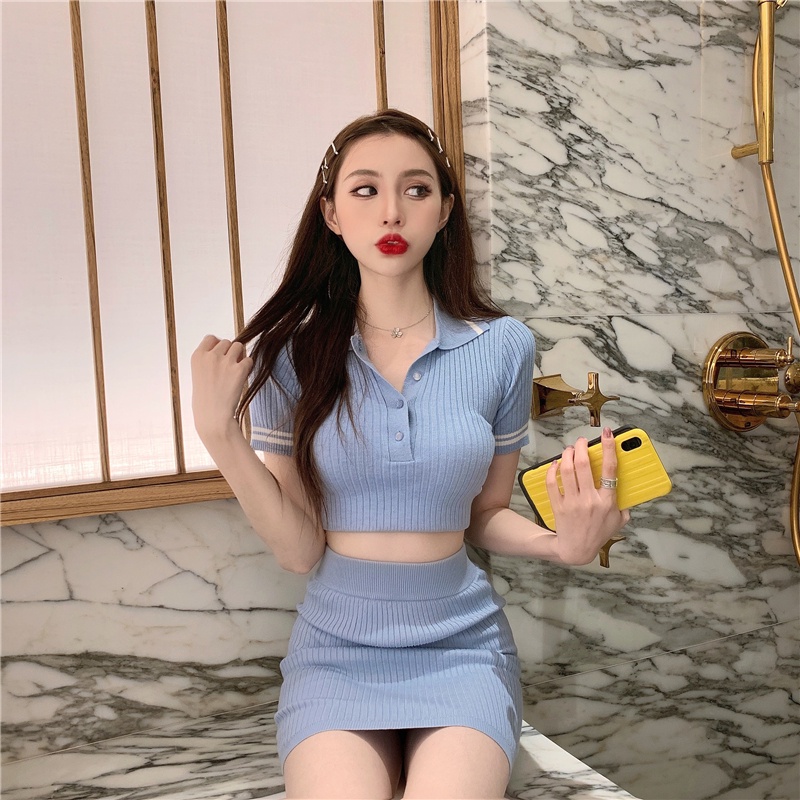 Set Áo Thun polo Tay Ngắn + Chân Váy Dệt Kim Lưng Cao Dáng Ôm Co Giãn Thời Trang Mùa Hè Phong Cách Trung Hoa Mới