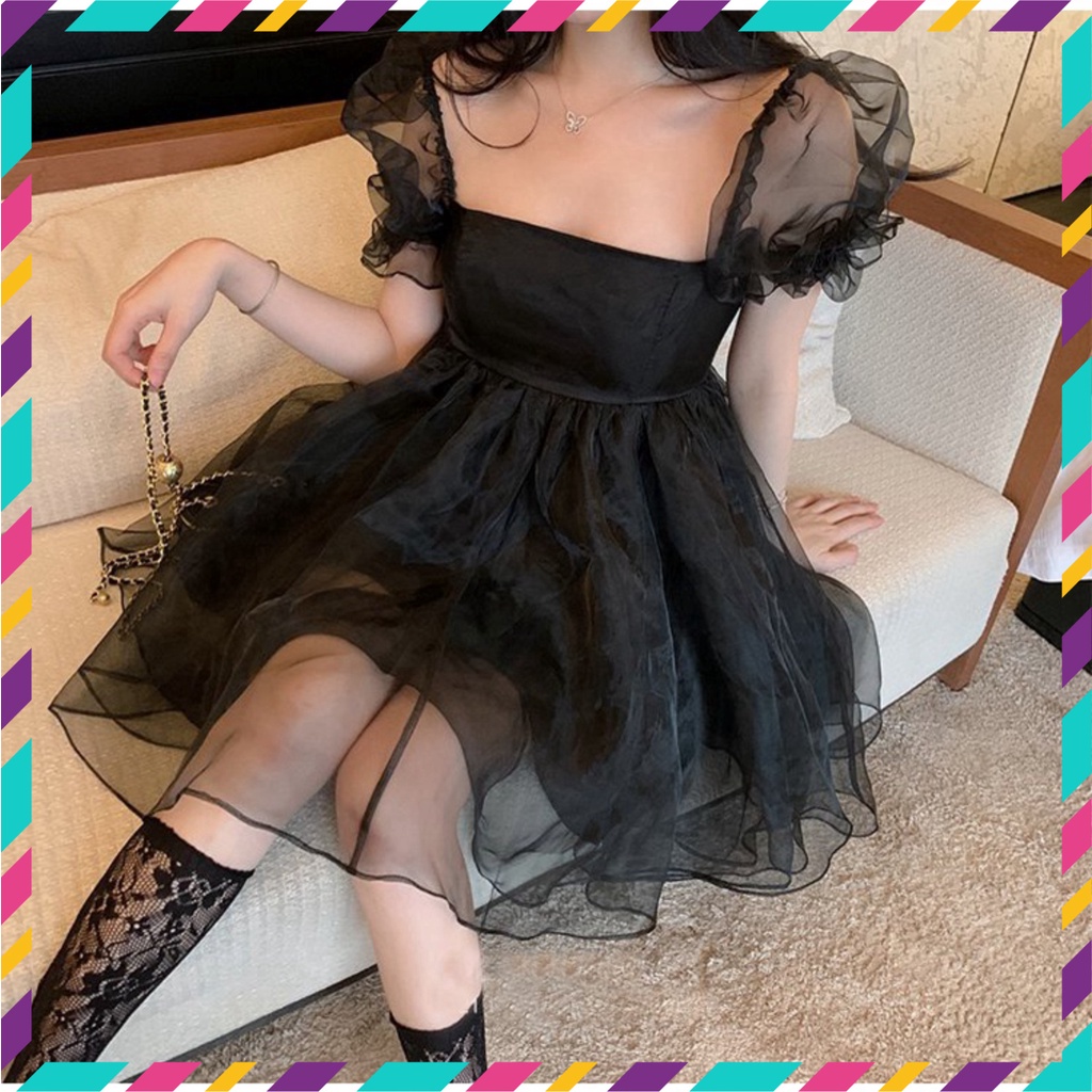 Váy Nữ, Váy Babydoll Voan Tay Phồng Style Tiểu Thư Công Chúa, Vải Voan Tơ 2 Lớp Tay Phồng